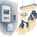Illustrazione con quadri elettrici e corpi illuminanti da parete e soffitto, simbolo di impiantistica e illuminotecnica professionale