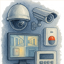 Illustrazione con telecamere di sicurezza, monitor di sorveglianza, allarme e tastierino, rappresentazione di un sistema completo di videosorveglianza e controllo accessi